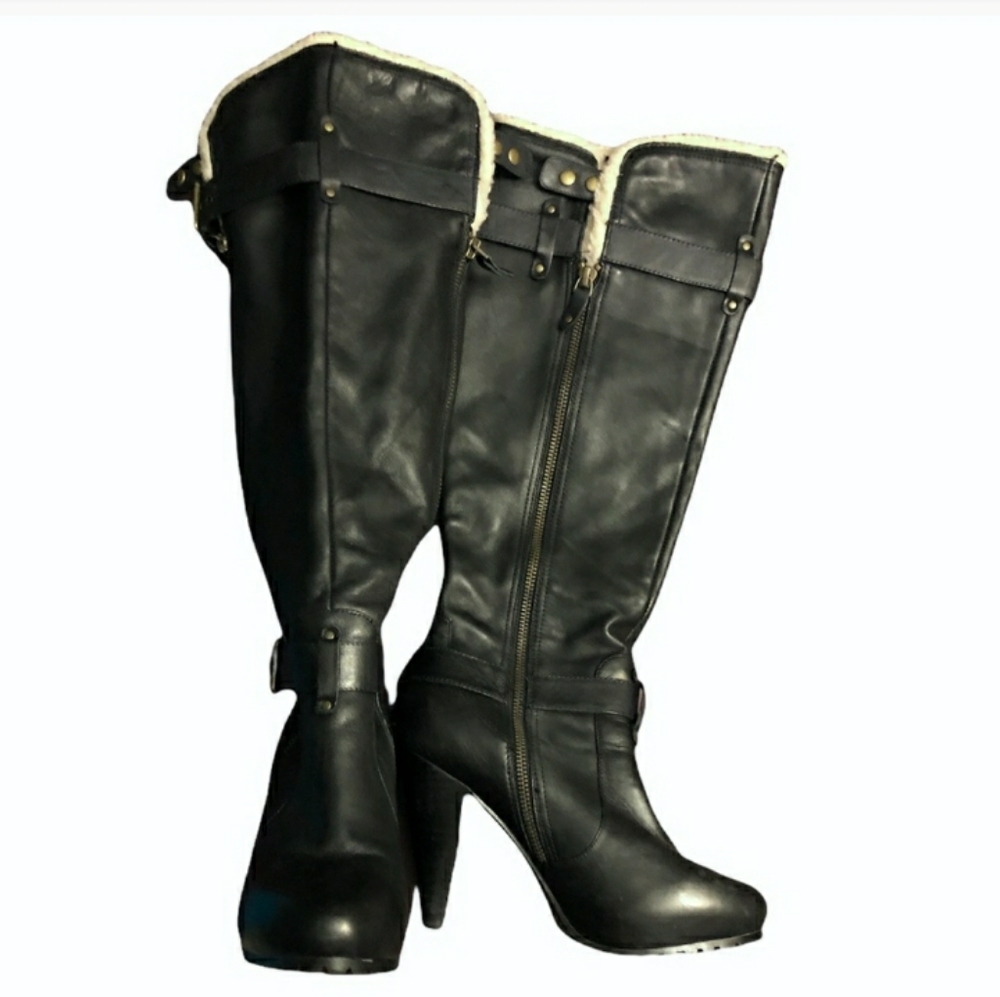 ALDO Black Leather Knee Boots w/ Faux Shearling Trim Sz 7EUC!